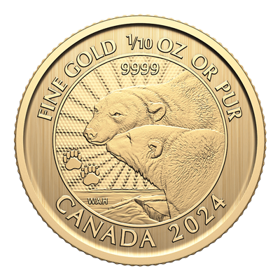 A picture of a 2024 $5 1/10oz Gold - The Majestic Polar Bears
